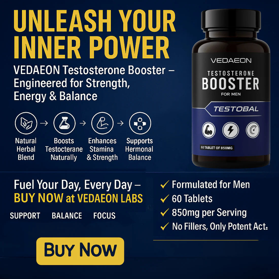 VEDAEON Testosterone Booster – 60 Tablets for Men’s Stamina, Hormonal Balance & Energy